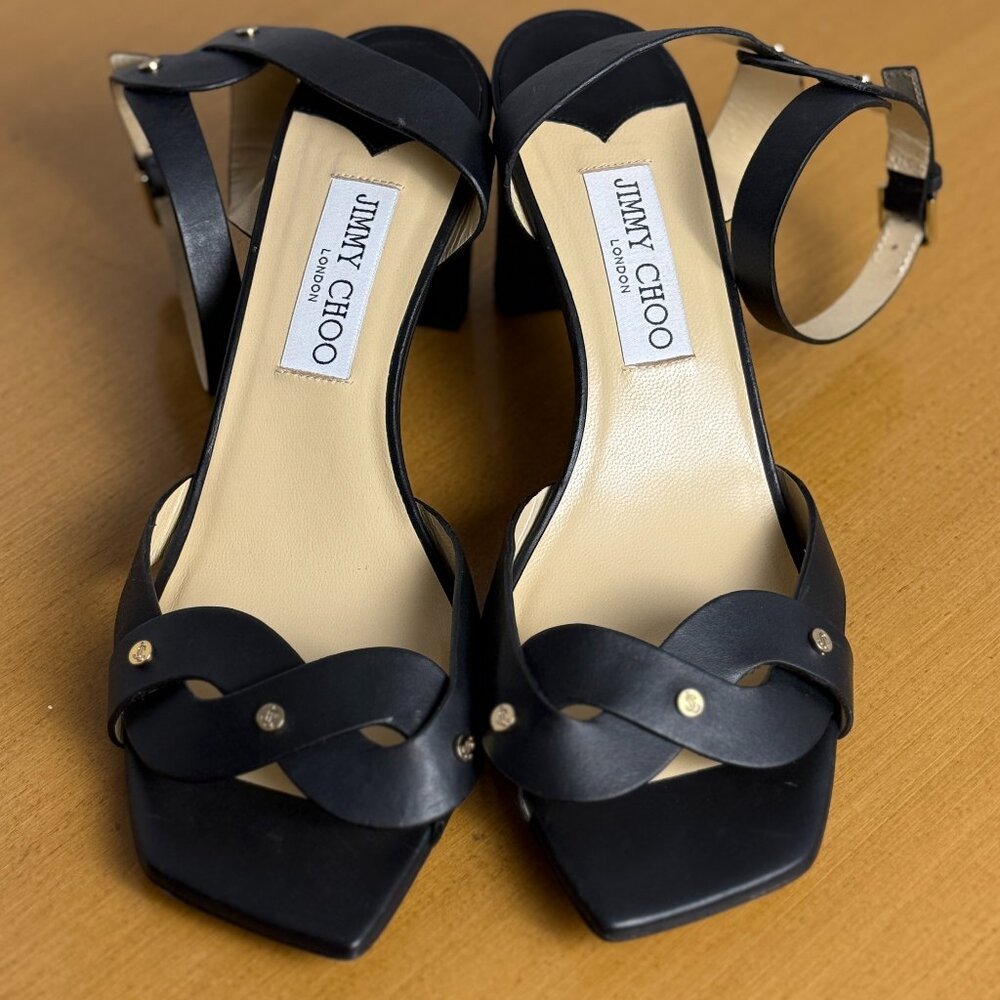 Jimmy Choo Drya 65 Studded Black Leather Block Heel Sandals – EU 39